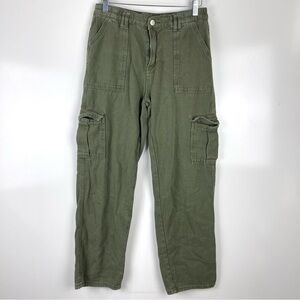 Women's Green Cargo Baggy Jeans Straight Leg Stretch Utility Pants Pockets M